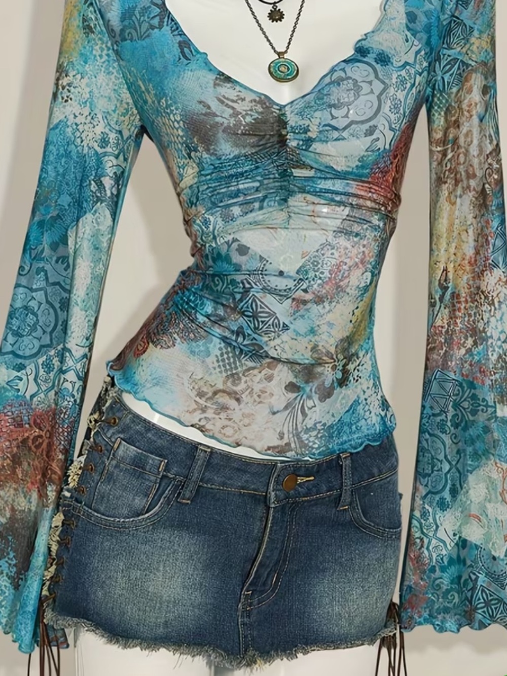 Blue Multi-Print V-Neck Sheer Long-Sleeve Top - Picture 5 of 5